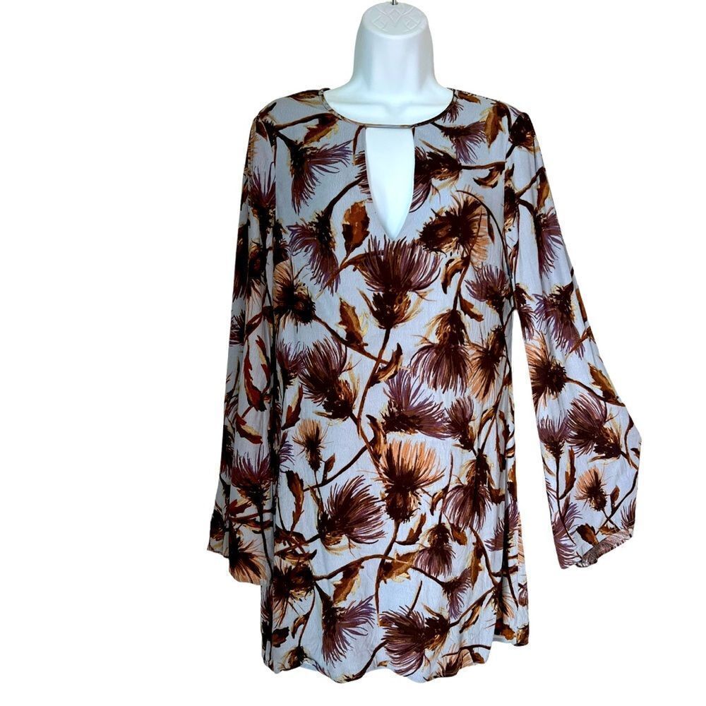 White & Brown Floral Keyhole Long-Sleeve Dress
